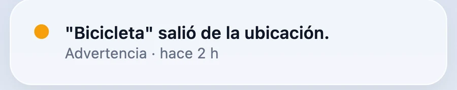 Alerta en la app: “Bicicleta” salió de la ubicación. Advertencia, hace 2 horas.